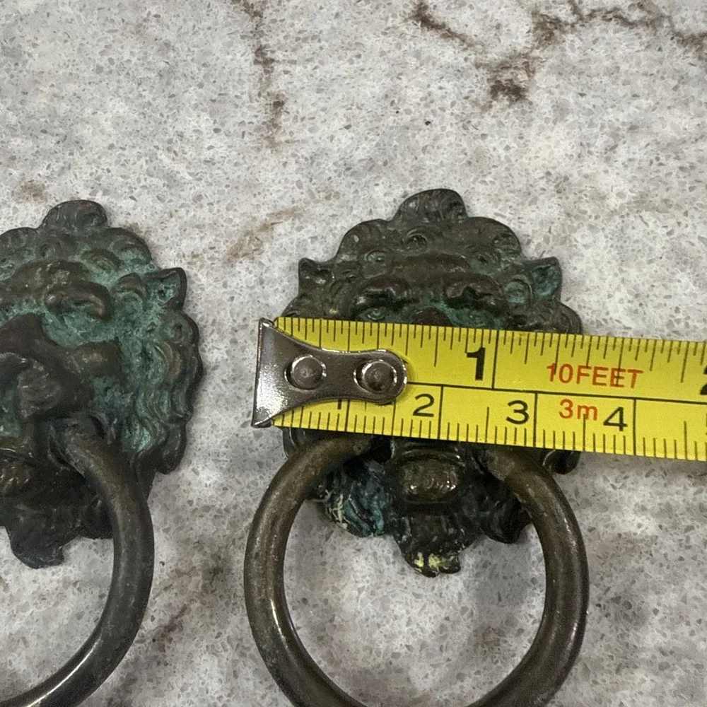 2 Vintage Brass Lion Head Dresser Chest Drawer Knob Cabinet Pull Patina 3D READ